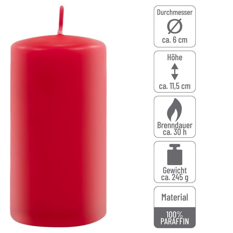 Zestaw świec filarowych, 11,5 cm, Ø 6 cm, czerwone, 12 szt.